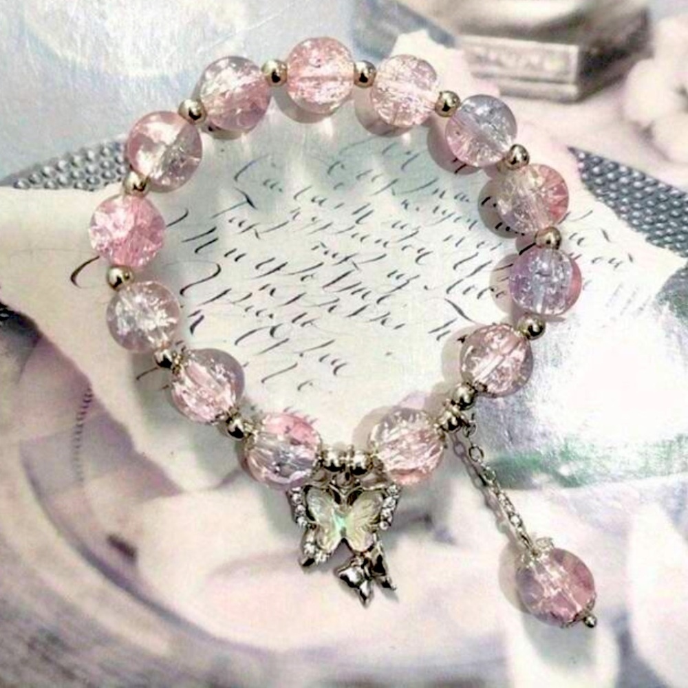 Pink & Blue Beaded Butterfly Charm Bracelet NEW 🏷️